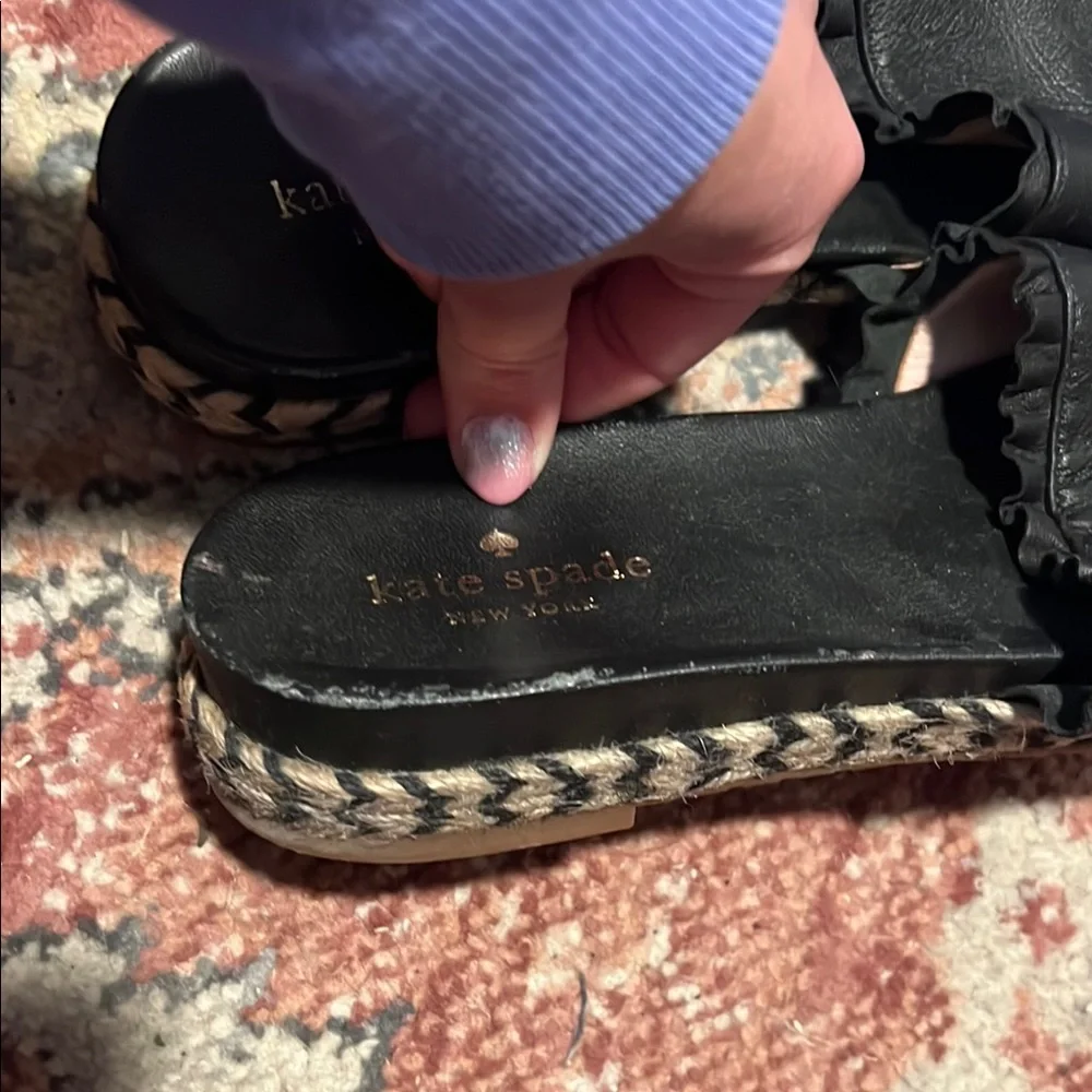 kate spade Black Leather Espadrille Slide Sandals with Braided Jute Trim